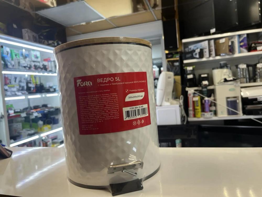 Ведро 5L с педалью и бамбуковой крышкой WHITE RHOMBUS, белый/бамбук Fora, FOR-BIN-5LWB