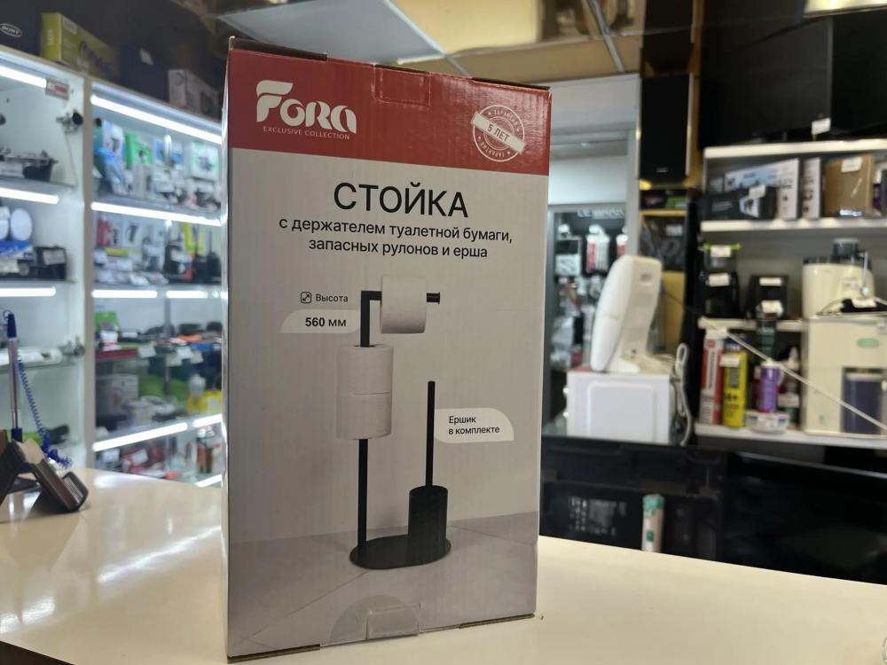 Стойка с держателем туалетной бумаги, запасных рулонов, ерша и полкой, черная Fora, FOR-ST-563BL